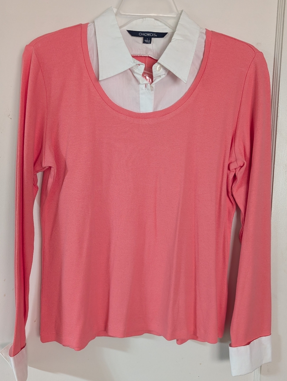 Chadwicks Coral Pink Layered-Look Long Sleeve Top with White Collar
